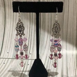 Handmade pink sparkling glass long chandelier earrings